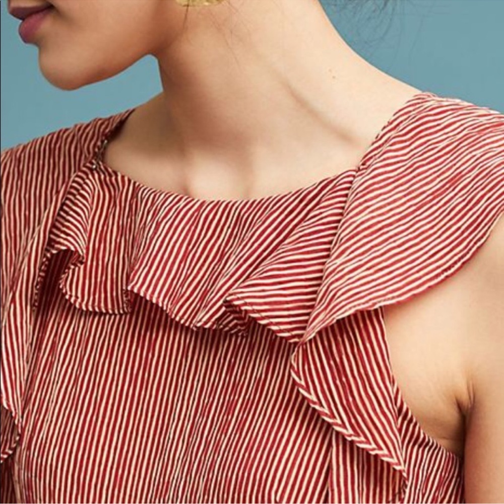 Anthropologie Eva Franco Ruffle Striped Jumpsuit in Terracotta Small Pockets - Picture 3 of 16